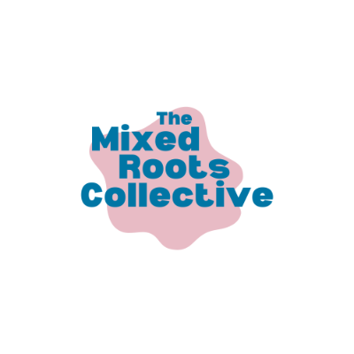 mixed roots collective text in blue with a pink blob behind